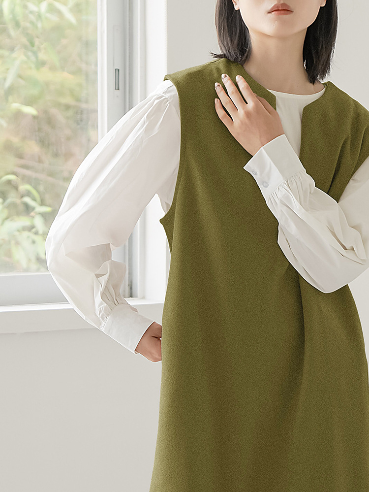 Real Shot Letian Autumn Winter 4 Color Woolen Coat Women V neck Solid Color Sleeveless Waistcoat Dress Outer Wear