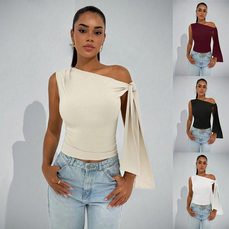 European and American Women's Clothing 2025 Summer New Fashion Street Style Slim Fit Ribbon Knotted Diagonal Tie Solid Color Sleeveless Top