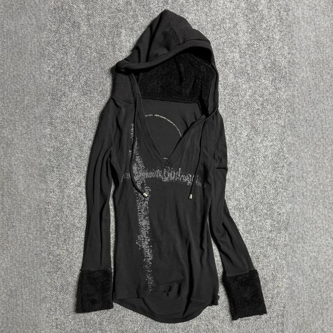 American retro black V-neck printed vintage style fitted waist spring and autumn hooded loose long-sleeved sweatshirt top