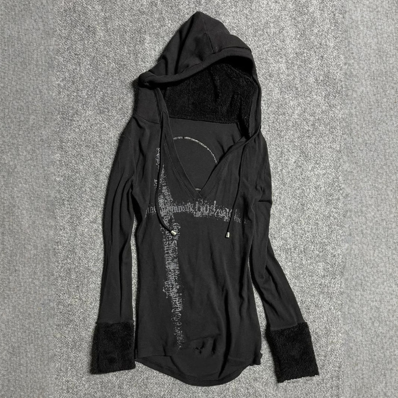 American Retro Black V-Neck Printed vintage Antique Waist Spring and Autumn Hooded Loose Long-Sleeved Sweat Top