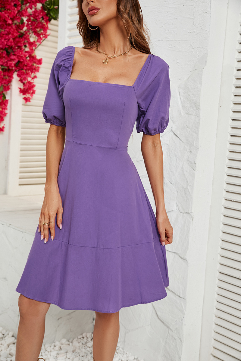 2023 Summer New Solid Square Neck Bubble Sleeve Dress for Women_voghion.com