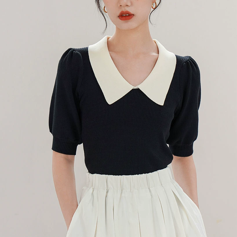 Женский свитер с пышными рукавами во французском стиле в стиле ретро, ​​нишевый дизайн, тонкий короткий воротник, весенний верх, модный