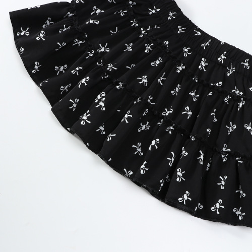 Girls' French Sweet Style Black Floral Skirt Ruffled Waistband Slimming Casual A-Line Short Skirt 