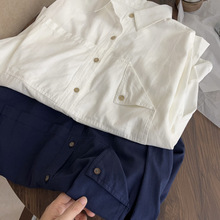 早秋款纯色衬衫女气质通勤复古中长韩版宽松显白港风设计感衬衣