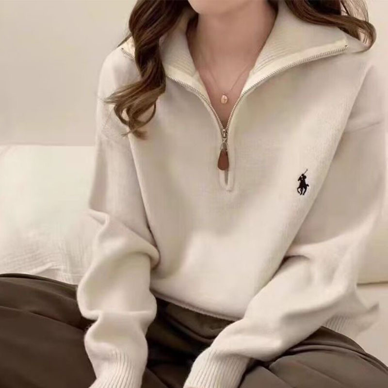 Cross-Border Autumn and Winter New Rl Ralph Pony Embroidery Knit Sweater, Loose Half-Zip Lapel Lazy Style Korean Sweater