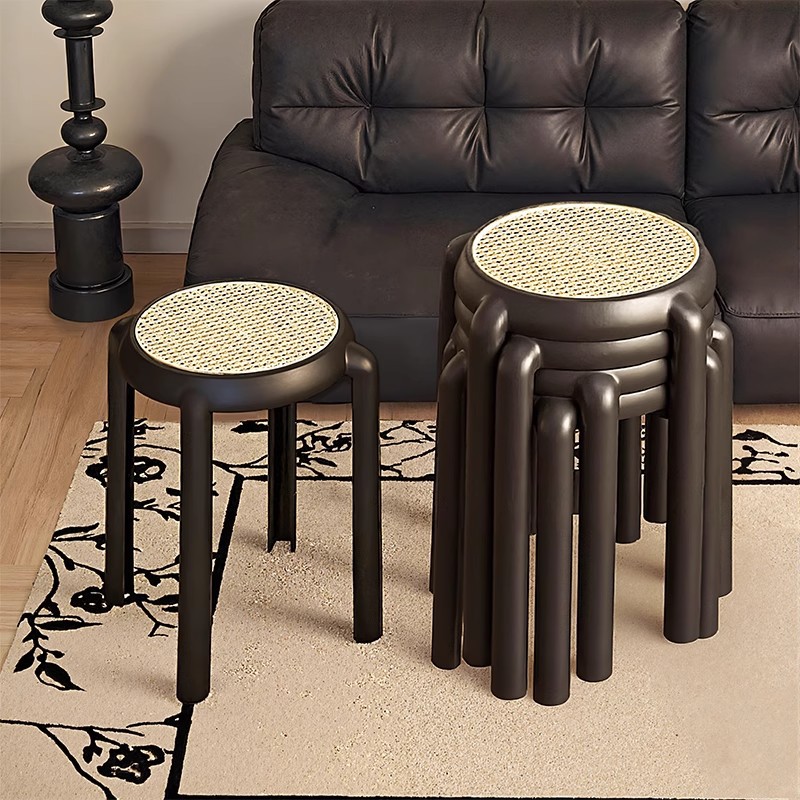 Taburete de ratán medieval, banco alto de plástico apilable para uso doméstico, taburete redondo fuerte y duradero, taburete de mesa de comedor minimalista moderno