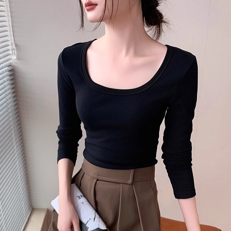 Square Collar Shoulder Long-Sleeved Base Shirt Autumn Leaky Collarbone Inner Spice Girl T-Shirt Women's Slim-Fit Short Top Thread Square Collar Shoulder Long-Sleeved Base Shirt Autumn Leaky Collarbone Inner Spice Girl T-Shirt Women's Slim-Fit Short Top Thread