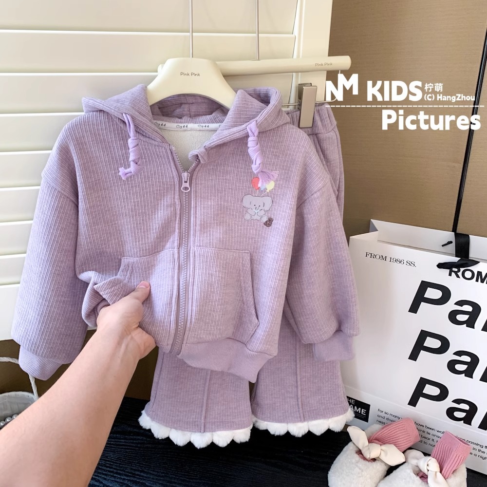Girls Korean Autumn Suit New Children's Hooded Tops Girls Lace Flared Pants Cardigan Top Two-Piece Set