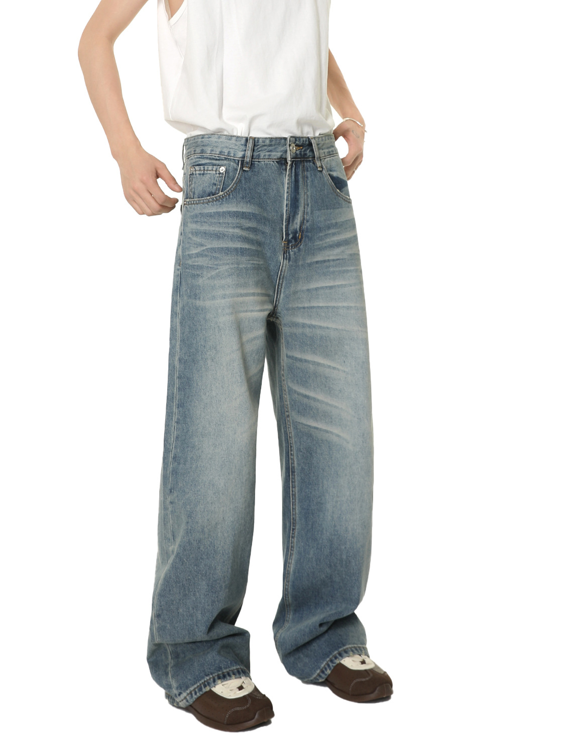 MTLCLOTHES Hombres| Coreano vibe lavado con agua estereoscópica gato barbudo en forma de A, jeans de pierna ancha rectos, moda universal