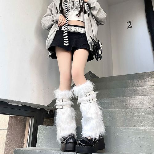 Girls pink leather buckle warm leg sleeves mid-tube jk spicy pile socks y2k calf ring fur socks sleeves imitation fur qq show