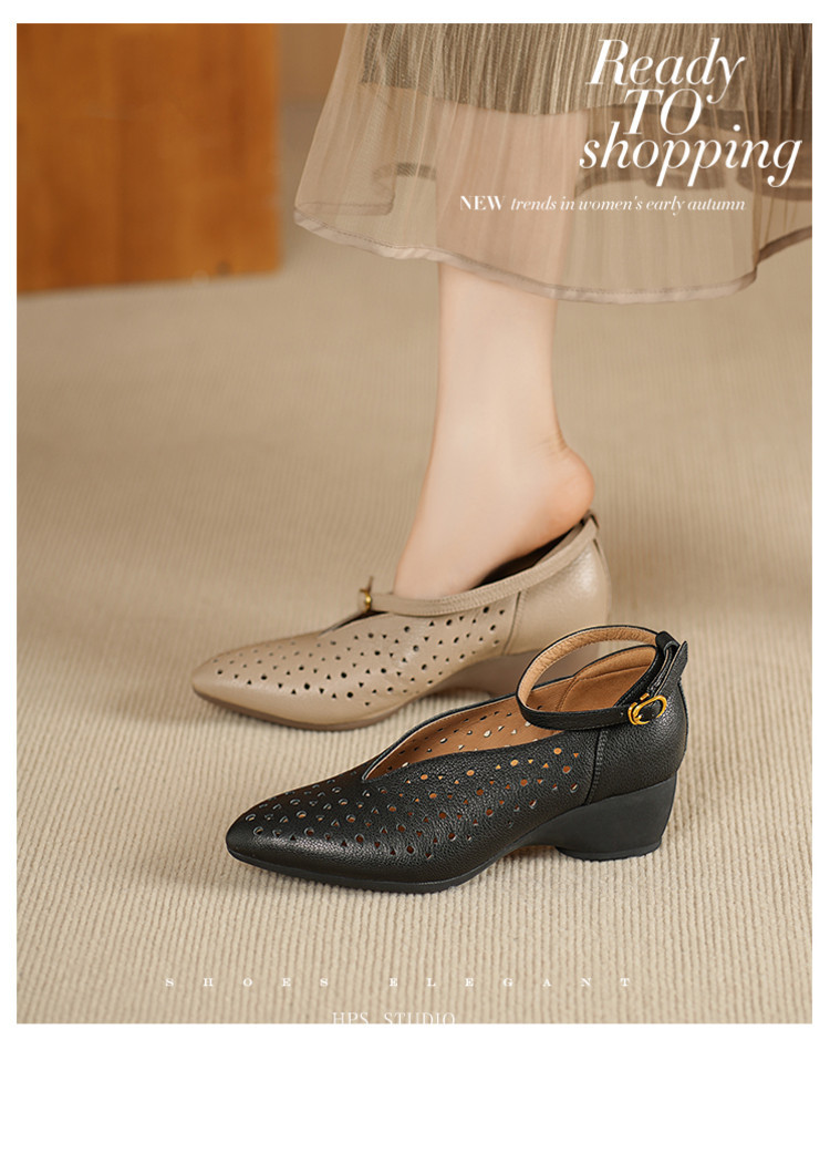 Sandal nữ mũi nhọn quai ngang gót trung bình phong cách retro thoáng khí — đen, mơ chi tiết 1