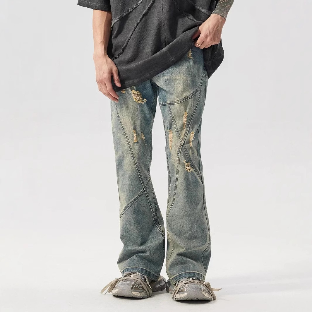 American Old Worn Jeans Men's Loose And Slightly High Street Line Design Style Pants_mkmklike.com