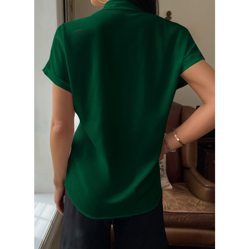 Camisa satinada con cuello en v para mujer, europea y americana, ropa de mujer transfronteriza, satén de color sólido de manga corta, nueva camisa satinada con botones casuales