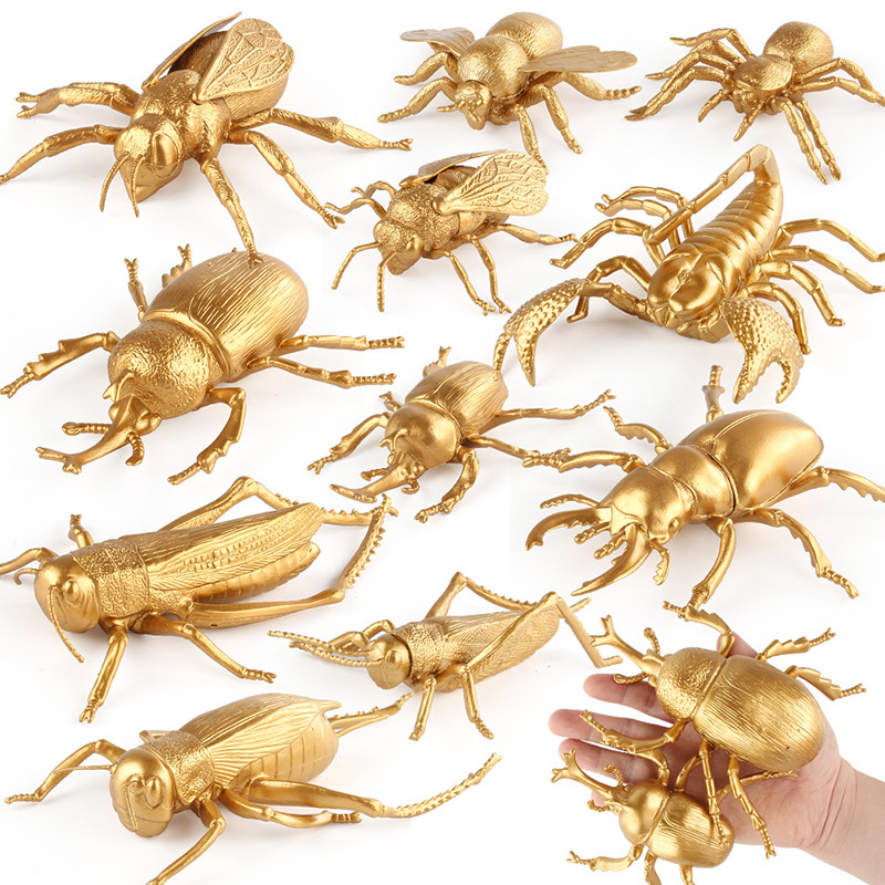 Cross-border new product simulation insect animal model gold version mini shovel beetle cricket bee insect set toy