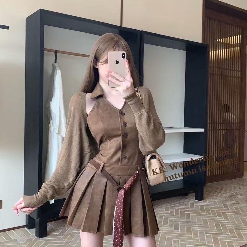 辣妹25美拉德穿搭秋季新款气质显瘦无袖背心连衣裙女配腰带开衫|undefined