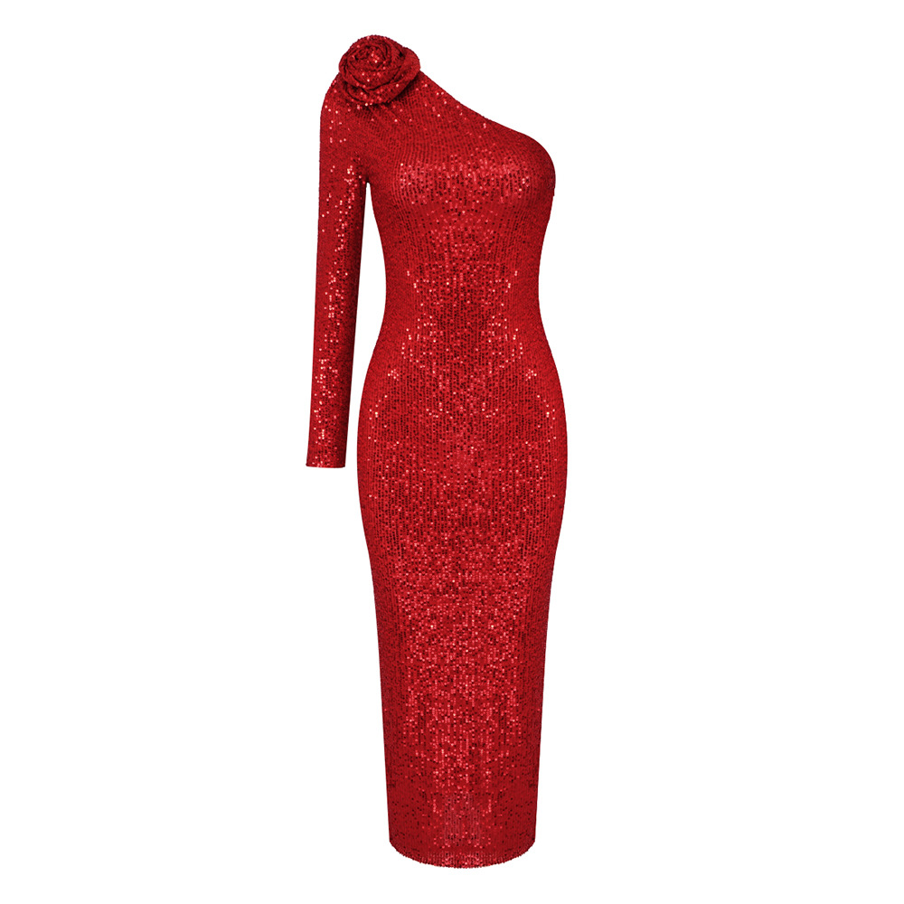 Women's Clothing New red flower one shoulder sequin dress long Christmas women's long sleeved dress autumn and winter_voghion.com