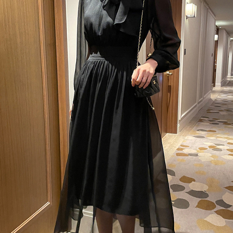 Korean Chic Spring Elegant Elegant Stand-Up Collar with Bow Tie Waist Slimming Look Long-Sleeved Chiffon Dress
