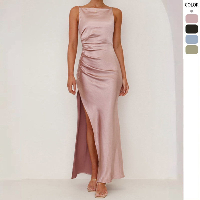 2025 Spring and Summer Women's New Pure Color Sexy Backless Slit Mid-Length Skirt Sleeveless Suspender Dress for Women