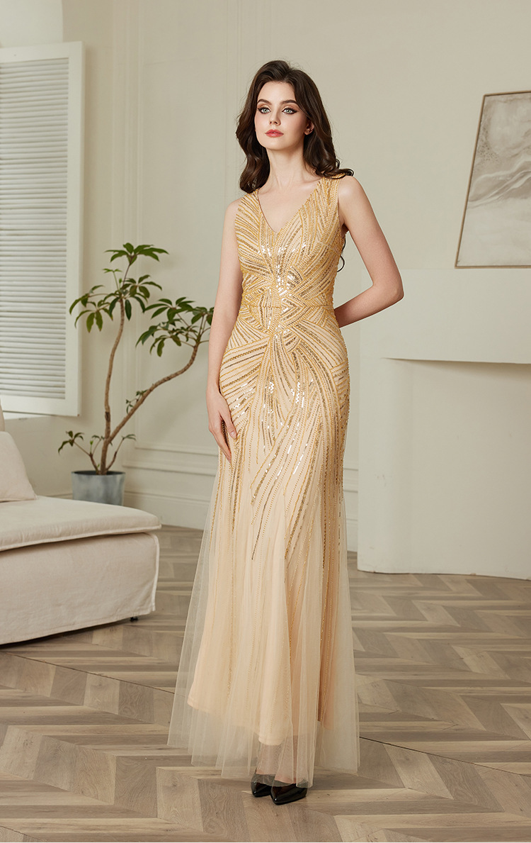 Paillettenkleid, elegantes Abendkleid, europäischer und amerikanischer Stil, tailliertes Partykleid, langes Kleid_voghion.com