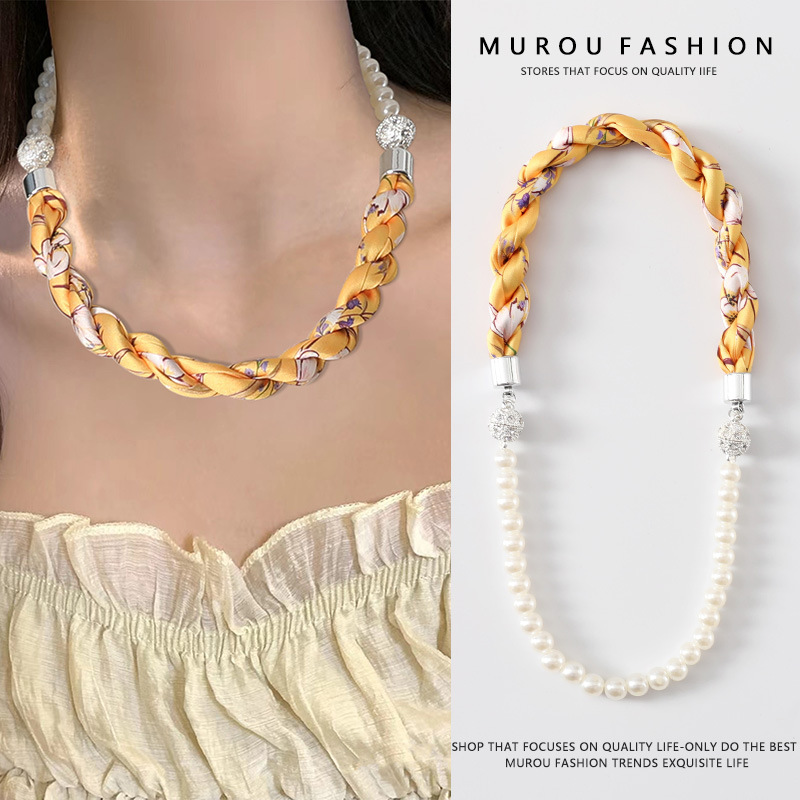 더블 마그네틱 버클 비즈 체인/플로럴 옐로우 길이 45cm