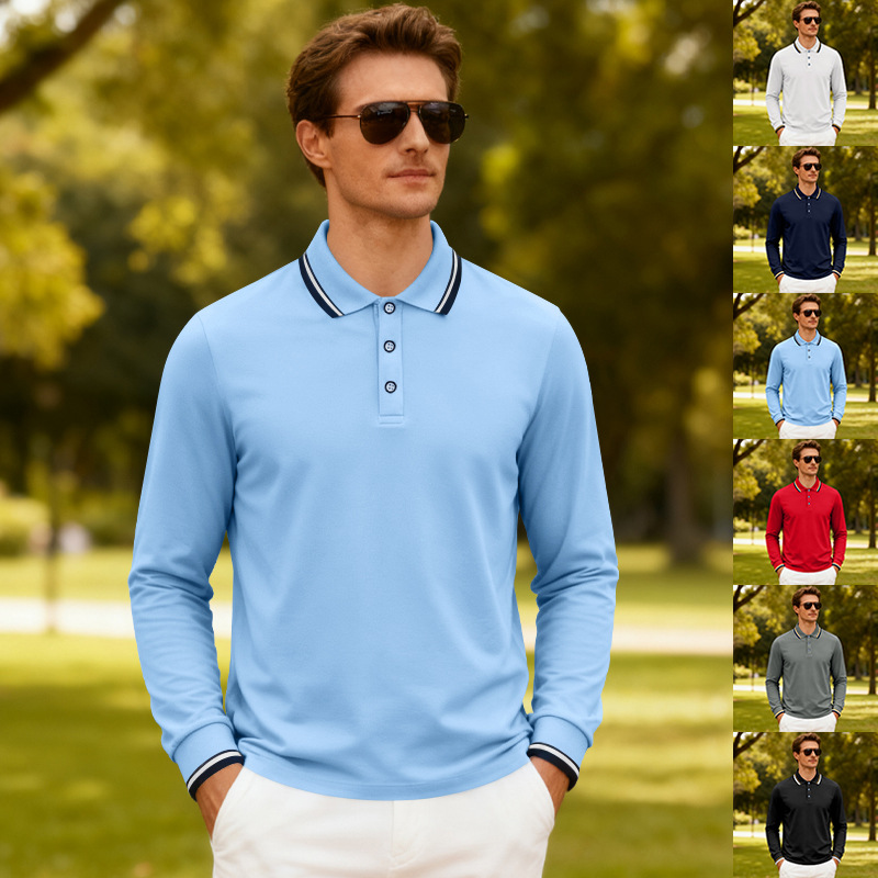 Cross-Border Amazon New Loose Men's Casual Jacquard Polo Shirt Quick-Drying Breathable Golf Long-Sleeved Polo Shirt