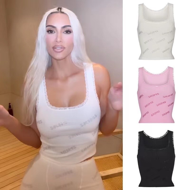 Skims Kardashian Same Style Pink Hot Diamond Letter Logo Lace Elastic Tight Camisole Slimming Look Top