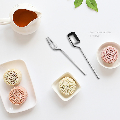 Factory direct sales stainless steel hanging cup spoon and fork fruit dessert drink milk tea coffee stirring 304 spoon and fork set