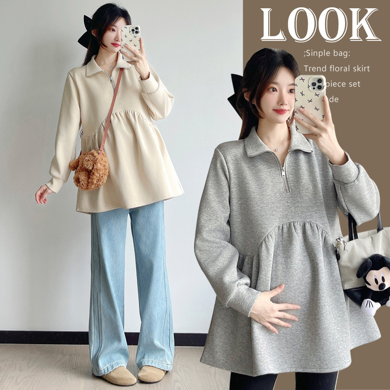Maternity Wear Autumn and Winter New Korean Style Fashionable Sweatshirt That Doesn'T Show Pregnancy, Covers the Belly, Is Loose and Comfortable, Makes You Look Slimmer and Younger, Doll-Style Top