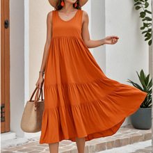 女士大码欧美跨境套头无袖褶皱连衣裙橙色长款夏季休闲纯色连衣裙