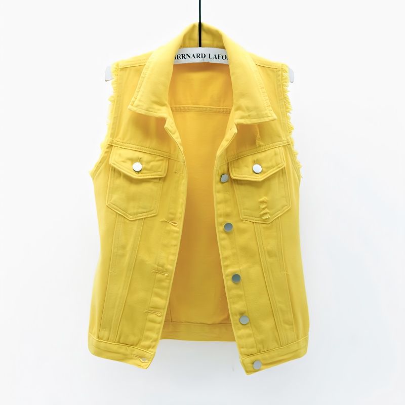 Multicolor Denim Vest for Women, Short Fashion Spring and Summer Versatile Slim Fit Raw Edge Sleeveless Jacket with Holes