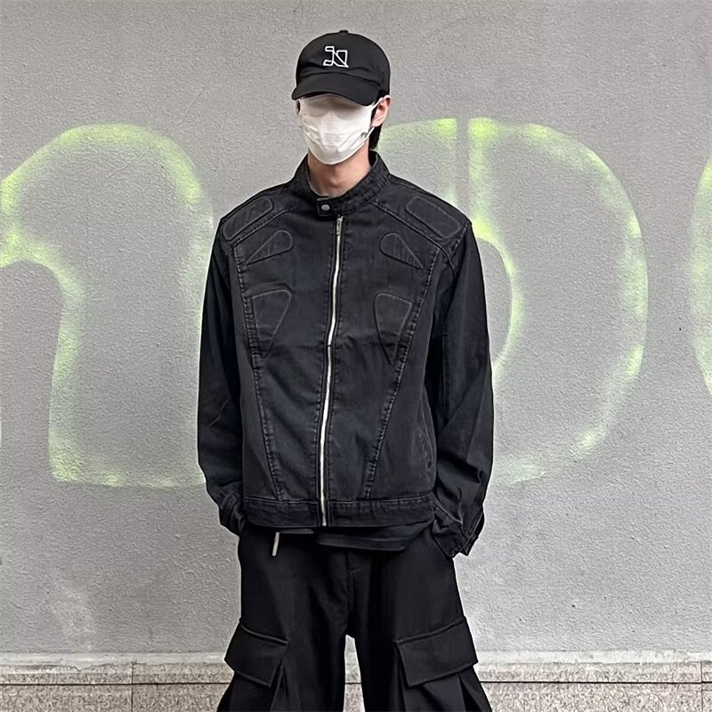 Narrow Silhouette Shoulder Padded Denim Jacket For Men With A High-end Feel, Short Standing Collar Jacket_voghion.com