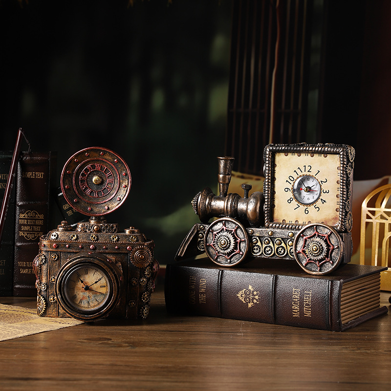 Retro camera ornaments American simulation mechanical locomotive clock resin crafts camera alarm clock decorations