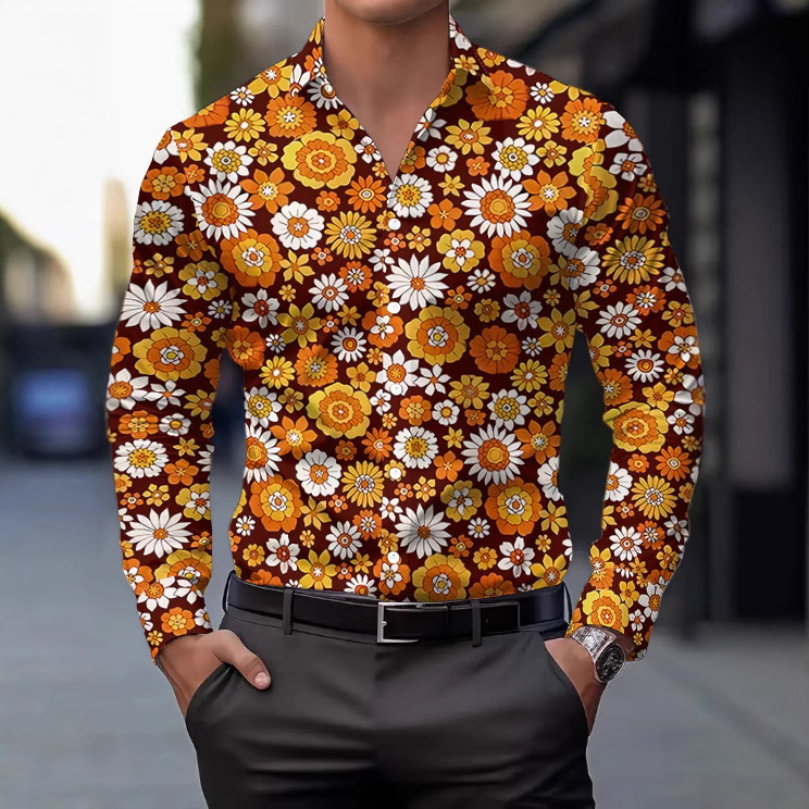 Cross-Border Popular Men's Long-Sleeved Shirt 70S Disco Digital Printed Shirt Spring & Fall Casual Fashion