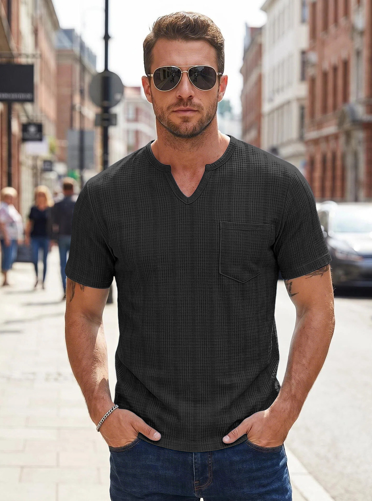 Transfronterizo Amazon hombre de verano imitación de lino de cuello V camiseta de color sólido europea y americana transpirable gran tejido americano de manga corta
