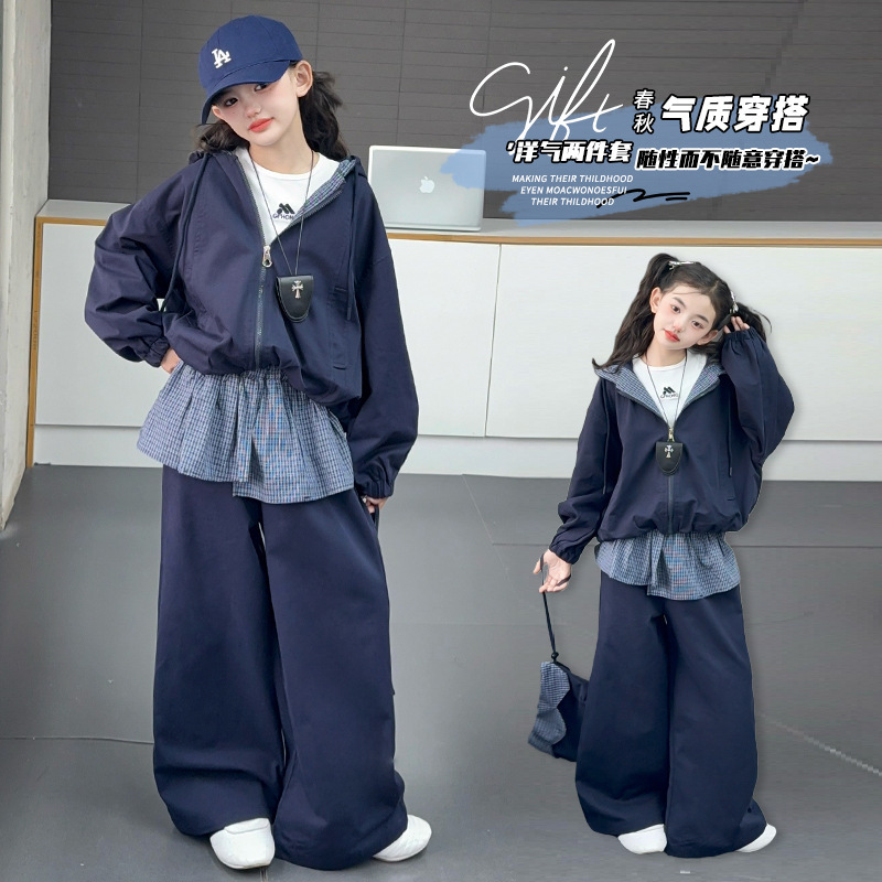 女童秋装套装中大童时髦冲锋衣2025新款儿童秋季连帽拼格子两件套|undefined