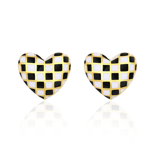 2pairs Checkerboard love earrings female design mosaic earrings black and white lattice earrings
