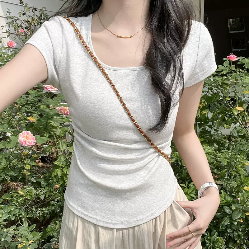 纯棉正肩短袖T恤女2026新款夏季内搭小众设计感辣妹短款U领上衣