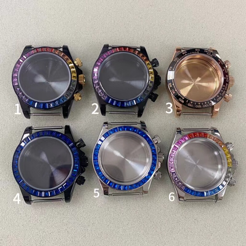 PVD black/steel color 39MM stone fine steel case color/blue bezel only suitable for Japanese VK63 movement PVD black/steel color 39MM stone fine steel case color/blue bezel only suitable for Japanese VK63 movement