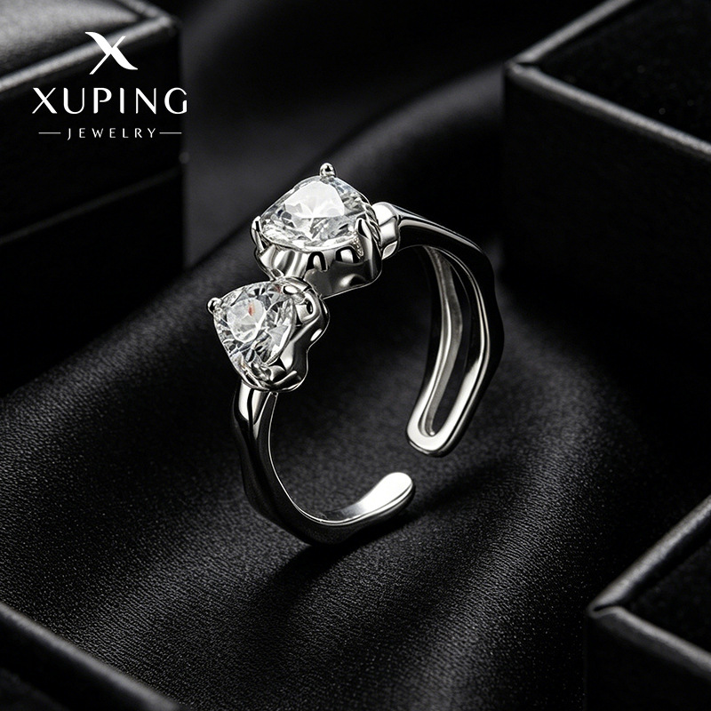 Xuping nuevo zircon simple y elegante anillo abierto de doble amor anillo de aleación de cobre chapado en blanco