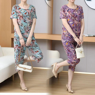 Upgraded Hyaluronic Acid 2025 New Summer Fashion Summer Loose Type Middle-Aged Ice Silk Mother's Suit Southeast Asia