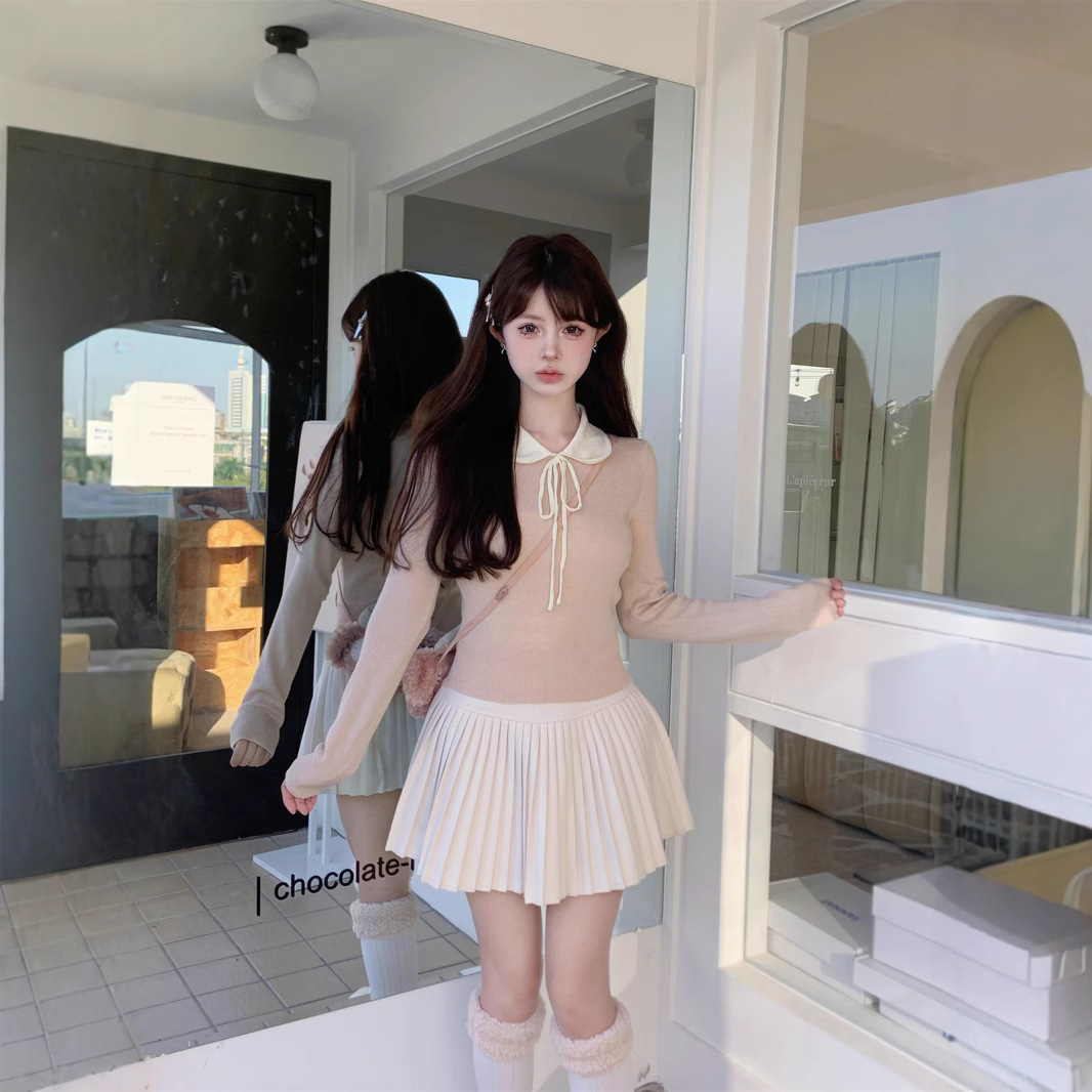 한국식 핑크 인형 칼라 긴팔 니트베이스 셔츠 여성용 가을 세련된 슬림 핏 스웨터 쇼트 스위트 탑