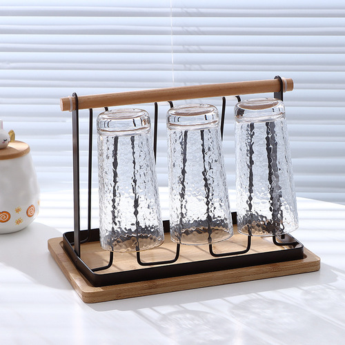 Japanese-style iron draining cup rack, household wooden-handled cup holder with tray, cup stand, kitchen cupware storage and display rack