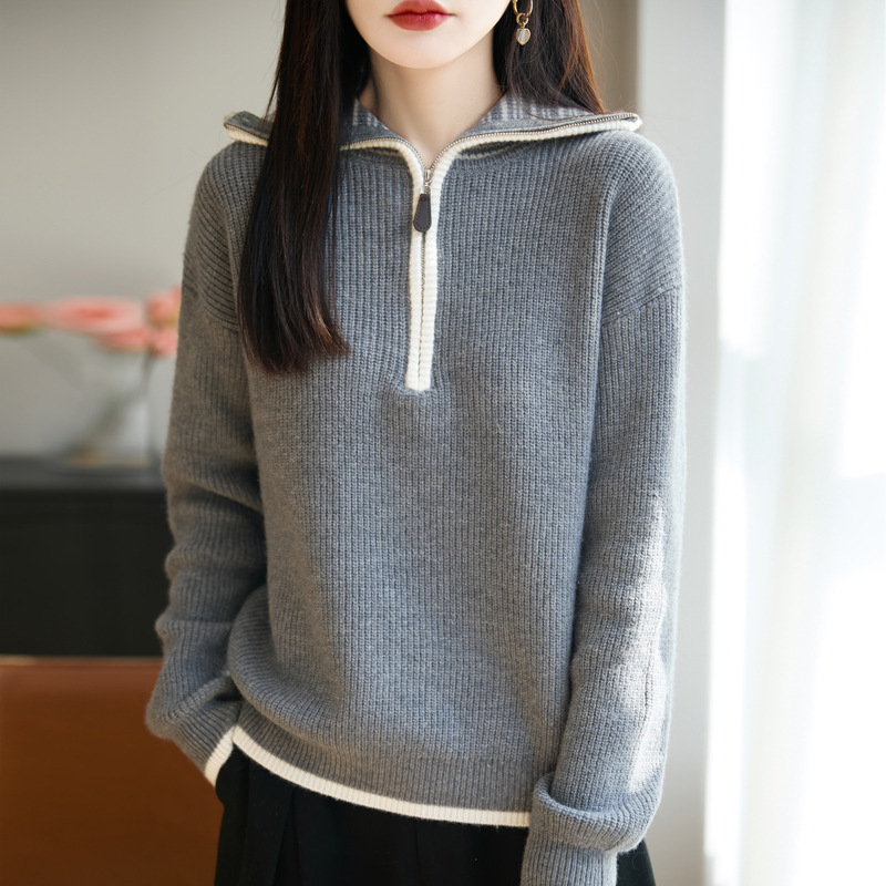 2025 New Autumn and Winter Raccoon Velvet Thickeneded Lapel Half-Zip Knitwear Color Matching Loose Versatile Bottoming Shirt for Women
