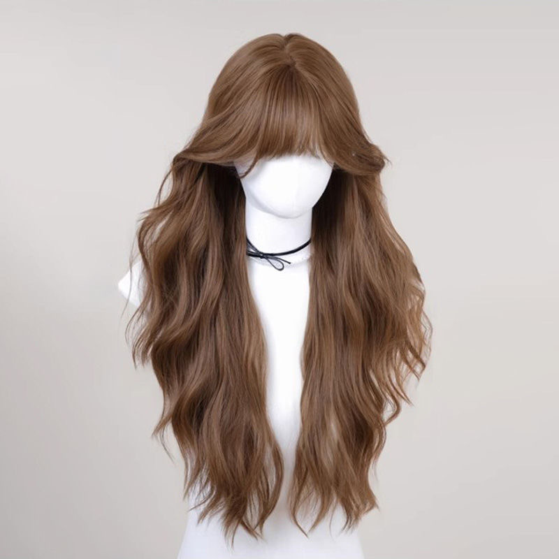 Parochňa Connie - Caramel Latte Water Wave Parochňa na celú hlavu s francúzskou ofinou na jeseň a zimu, dlhý kučeravý štýl