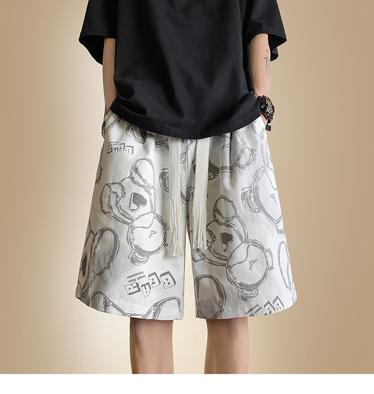 Men's Bear Print Drawstring Shorts, Loose Fit High Street Casual Shorts, Summer Streetwear Mid-Thigh Shorts_viptrois.com