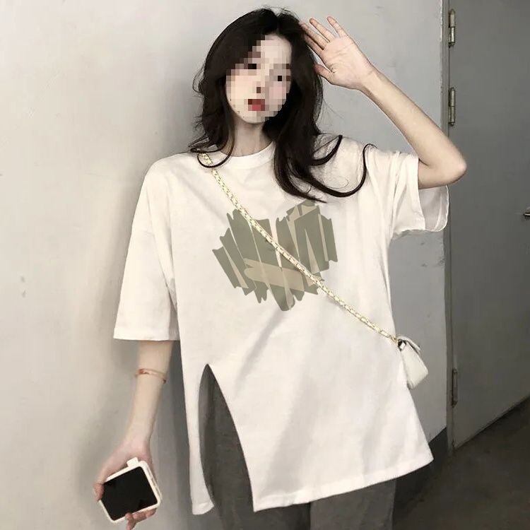 2024 New Summer Pure Cotton Short-Sleeved T-Shirt Women's Loose Korean Style Mid-Length Asymmetrical Slit Half-Sleeved Top Ins