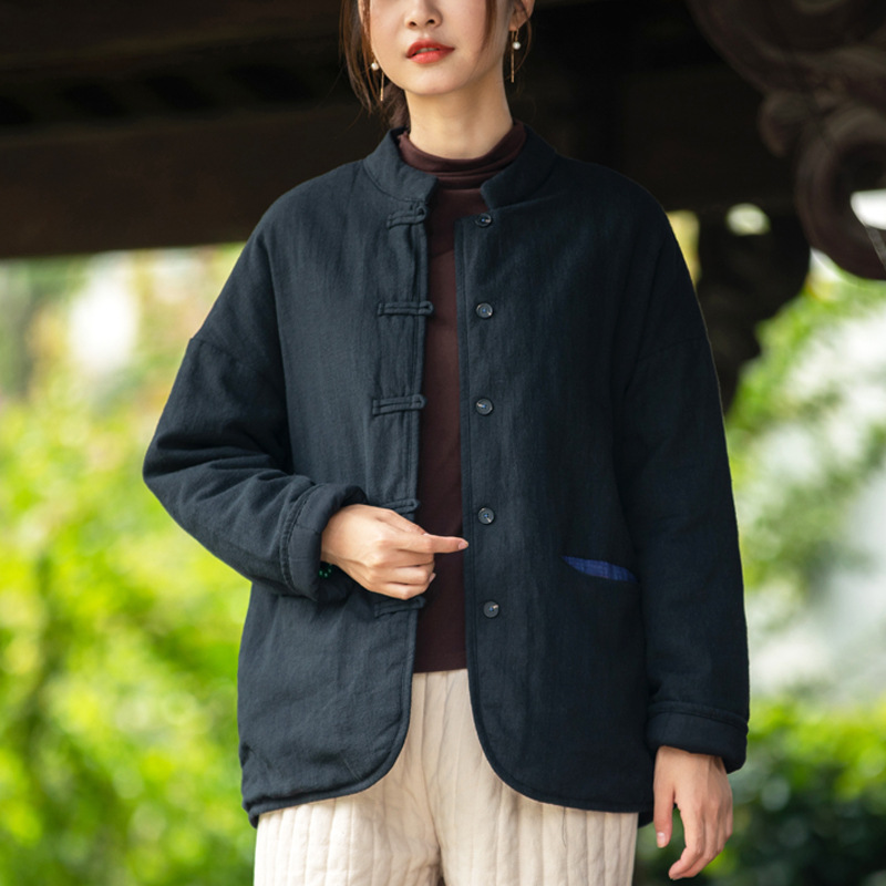 2023 autumn and winter new cotton and linen women's clothing retro color matching floral short cotton-padded jacket women's Ramie quilted cotton-padde_voghion.com