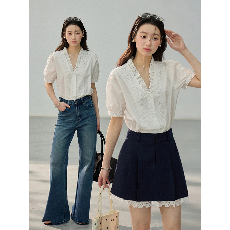 [Songming] French Retro Lace Patchwork Shirt for Women 2026 Summer New Short-Sleeved Shirt Sn1128
