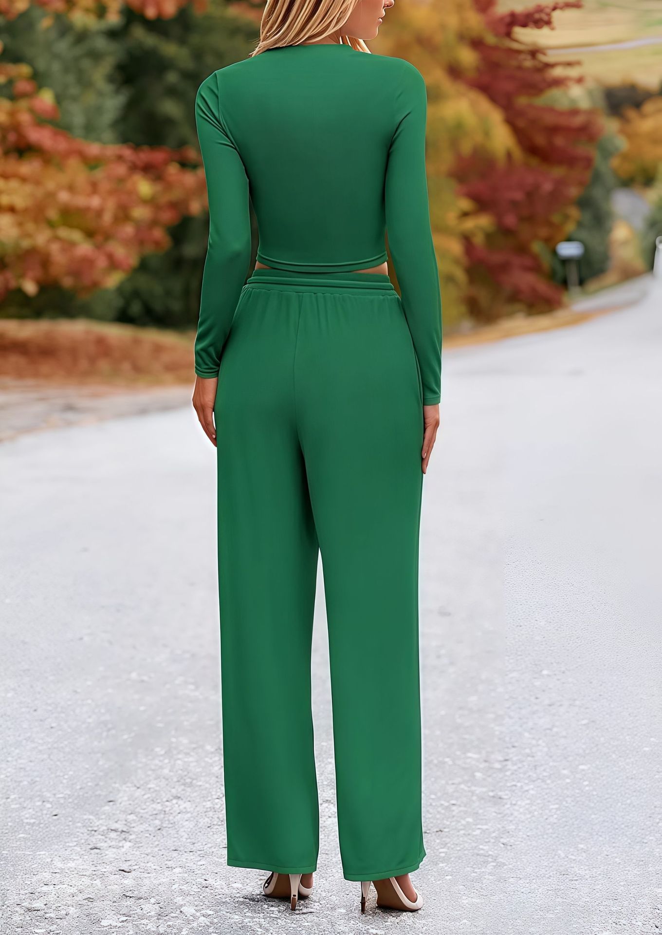 European American Cross-border Solid Color Ribbed Two-piece Set: Slim-fit Short Long-sleeve Top And Drawstring_ecoleips.com
