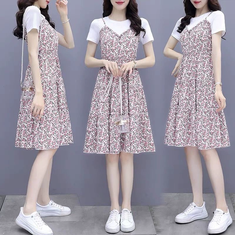 Женское платье-двойка из искусственного материала с бретелями, лето 2025, новый стиль, элегантное и стройнящее, скрывает небольшую фигуру, платье-двойка из искусственного материала.